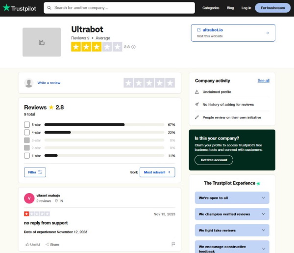 trustpilot ultrabot.io reviews
